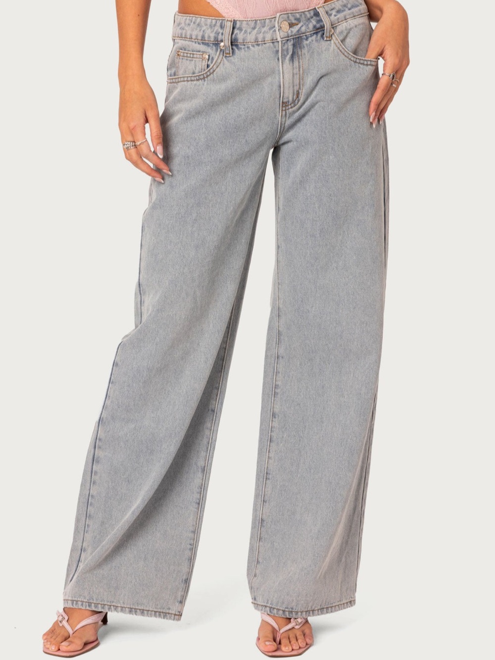 $98 Edikted Wide Leg Baggy Denim Jeans Pink Bows on Pockets Size Medium - Picture 10 of 10